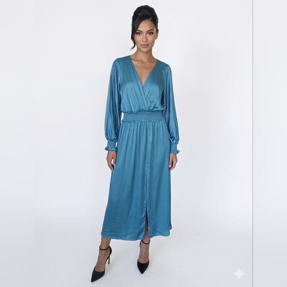 ZARA SMOKED WAISTLINE TEAL V NECK MIDI DRESS SIZE MEDIUM